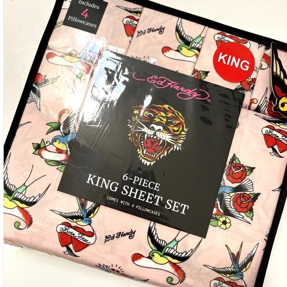 Ed Hardy King 6-Piece Sheet Set Americana Tattoo Skull Rose Swallow Print NWT
